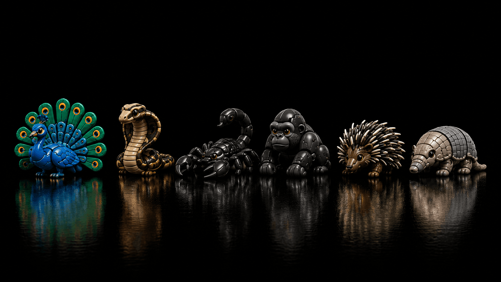 Peacock, cobra, scorpion, gorilla, echidna and armadillo Tamagos