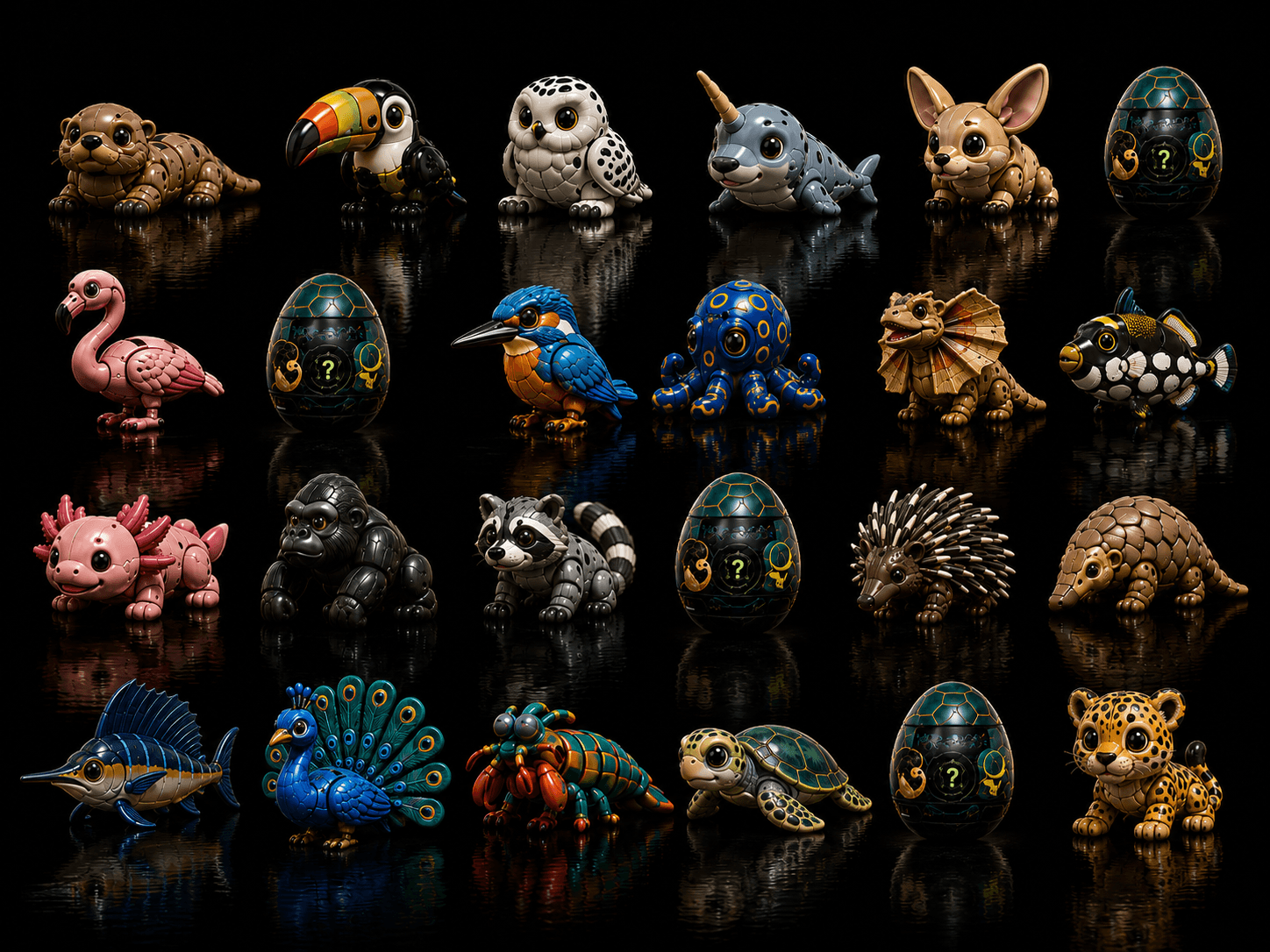 A grid of Tamago animals and unopened mystery eggs