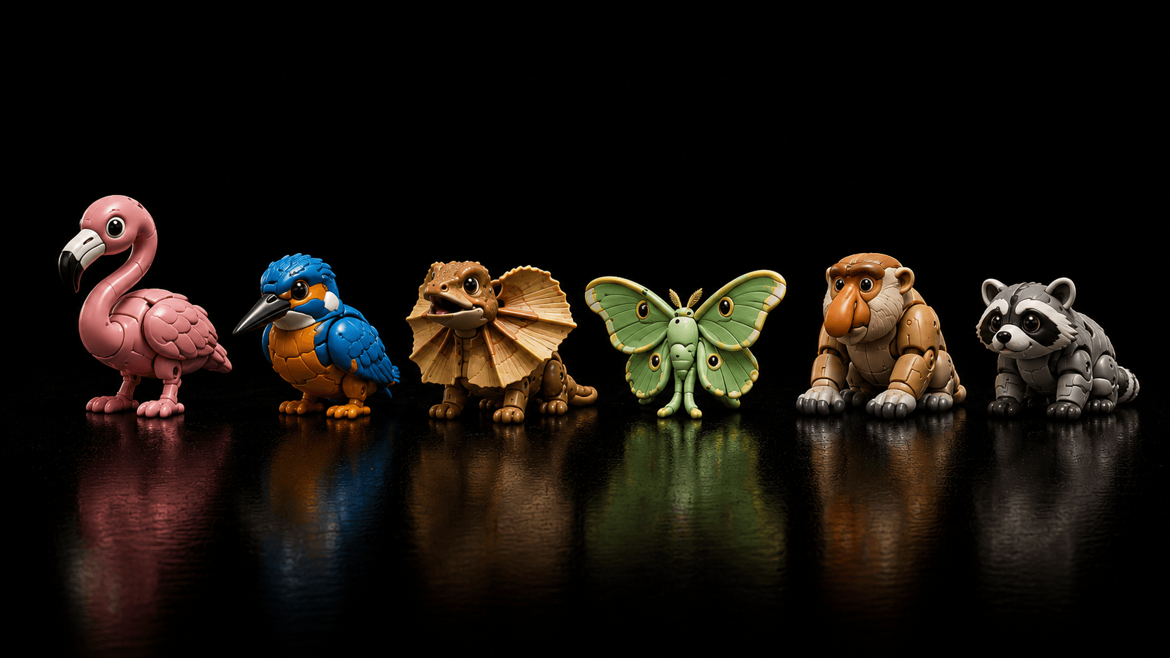 Flamingo, kingfisher, frilled lizard, luna moth, proboscis monkey and raccoon Tamagos