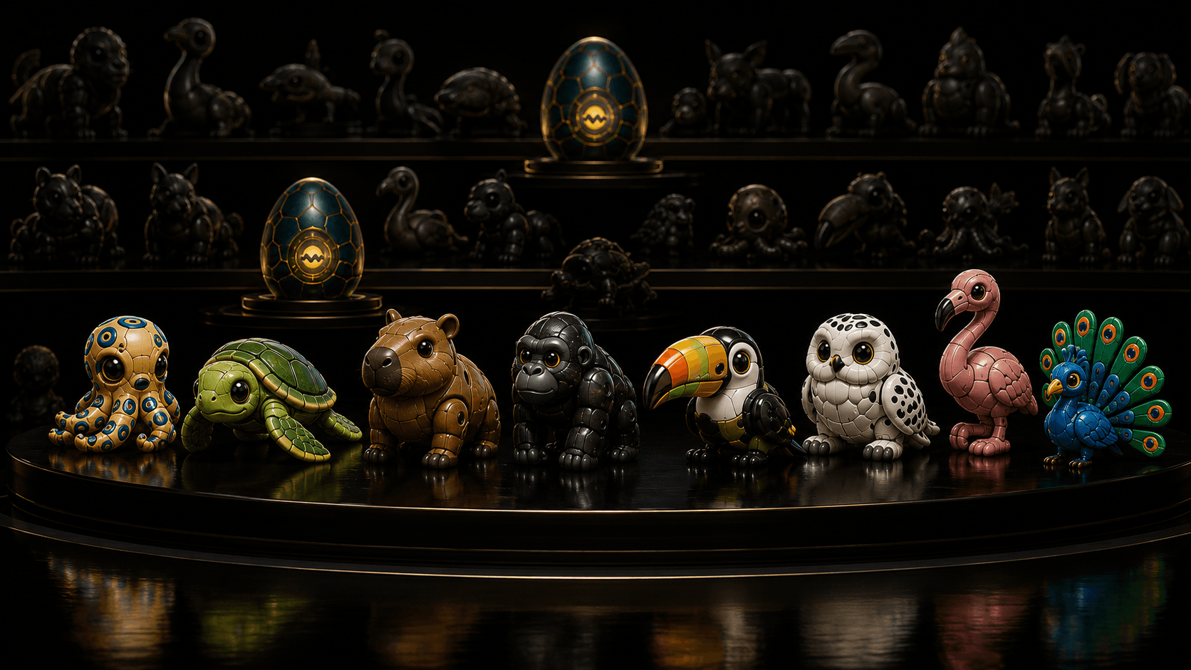 A display shelf of collected Tamago animals, with uncollected silhouettes waiting behind them