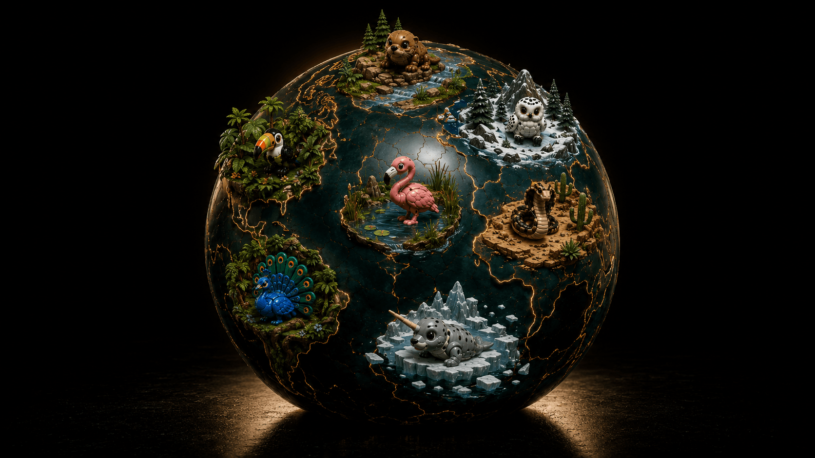 A globe of Tamago habitats — every region home to a real animal