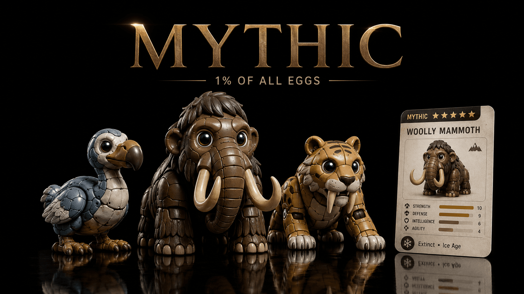 The Mythic tier lineup — dodo, woolly mammoth and sabertooth tiger beside a collector card