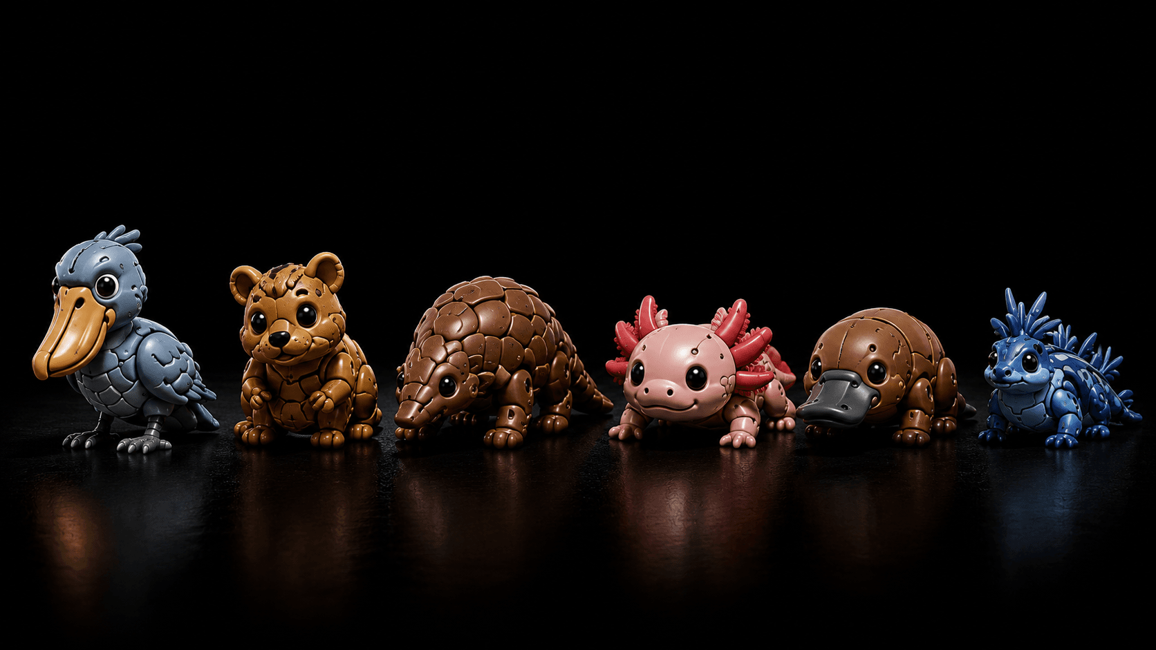 Shoebill, quokka, pangolin, axolotl, platypus and axolotl Tamagos